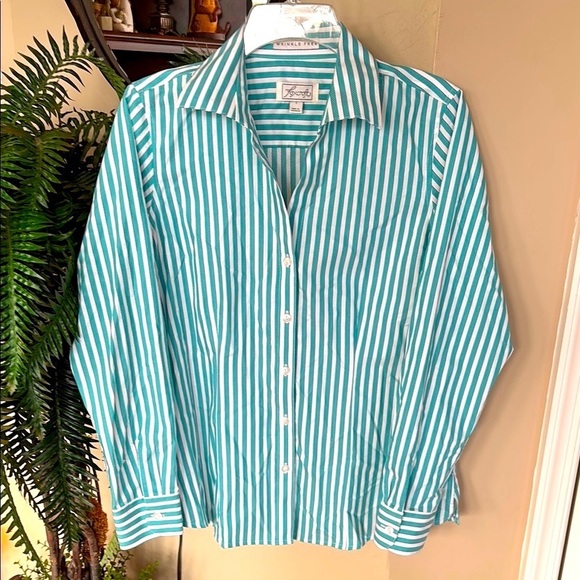 NWOT Foxcroft Wrinkle Free Button Down Blouse Collared Teal White Stripes Cotton - Picture 1 of 11